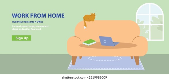 Work from Home concept modern Desk Room in sofa, window, wall-frame. lamp-stand cozy cat, laptop, book, in sofa
