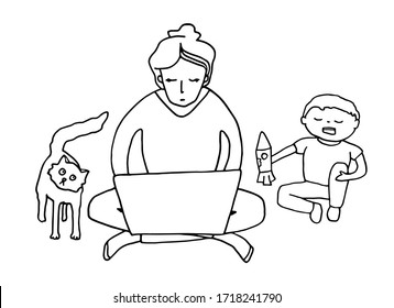 Work from home concept. Mother with laptop trying to work with crying baby and cat at home. Hand drawn doodle vector illustration. Black contour isolated on white. Problem of home office