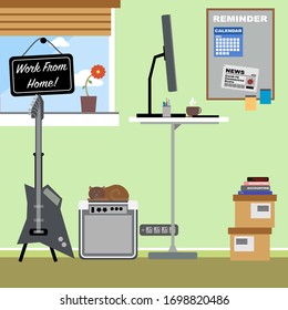 Work From Home concept of Musician Home Office during Covid-19 Coronavirus. Flat Vector.