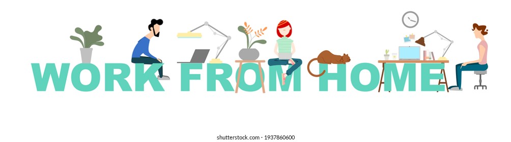 Work at home concept. New normal theme. People work comfortably on a private space.Vector illustration Flat design 