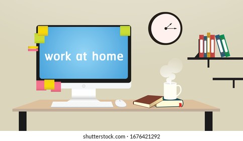 Work from home concept is Home office desk vector style.
