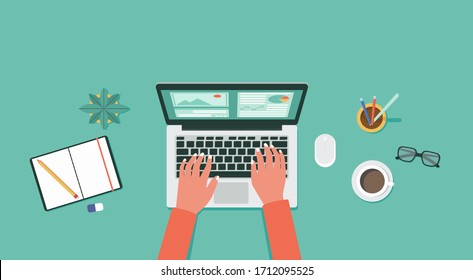 work from home concept on top view, remote working, freelance workplace with laptop computer, pencil, rubber, glasses, notebook, plant and coffee, flat vector illustration