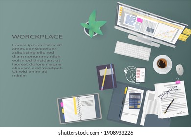 work from home concept on top view, freelance workplace with laptop computer, smartphone, pen, pencil, calculator, documents, and coffee, flat vector illustration