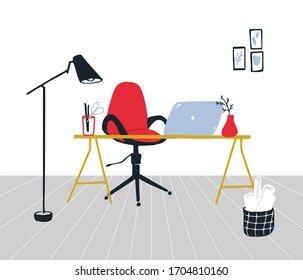 Work from home concept. Organized workplace with red swivel chair, desk with laptop, modern stanging lamp and paper basket. Framed art on the wall. Clean minimalist interior, vector illustration.