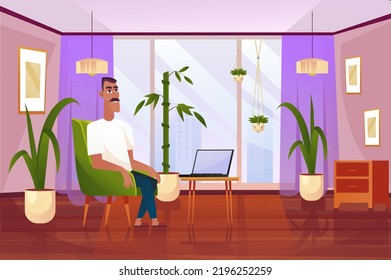 Obra del concepto de casa con la escena de la gente en el diseño de caricaturas de fondo. El hombre trabaja en una computadora en casa sentada en una silla. Ilustración vectorial.