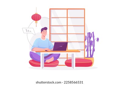 Trabajar desde el concepto de casa con la escena de la gente. Hombre feliz haciendo tareas remotamente en el portátil, conversando en línea con colegas de la oficina del hogar. Ilustración vectorial con carácter en diseño plano moderno para web