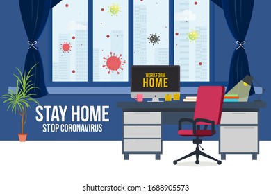 Work from home concept poster design. Self quarantine.Stop corona virus from spreading. Coronavirus outbreak.Stay home help fight agains coronavirus.