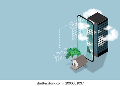 Work from home concept is presented in isometric style of home and smart phone and office building that has to be temporarily closed to reduce the virus outbreak and isometric icon set