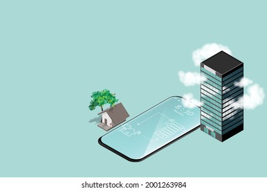 Work from home concept is presented in isometric style of home and office building with smart phone that has to be temporarily closed to reduce the virus outbreak and isometric icon set