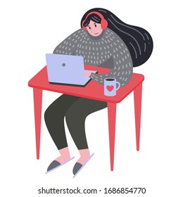 Work at home concept. Remote work, online teleconference, network communication. Workplace. A woman works at home. Girl with laptop at home. Vector illustration. Designer, programmer. Online education