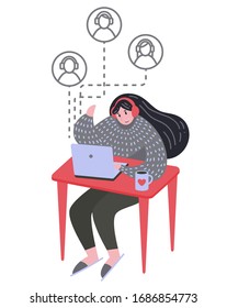 Work at home concept. Remote work, online teleconference, network communication. Workplace. A woman works at home. Girl with laptop at home. Vector illustration. Designer, programmer. Online education