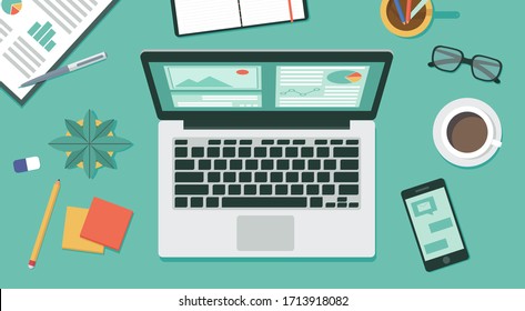 work from home concept, remote working, online business on laptop computer top view with smartphone, coffee, glasses, notepad, pencil, rubber, pen, notebook and document, flat vector illustration