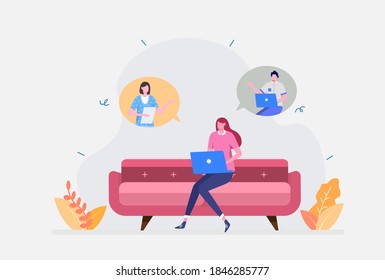 Work From Home Concept. Showing Female character sitting on the sofa with a laptop. Suitable for landing page, UI, web, App intro card, editorial, flyer,and banner