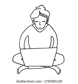 Work from home concept. Sitting woman with laptop. Hand drawn doodle vector illustration. Black contour isolated on white. Writer, freelance worker, student, blogger, person in quarantine typing