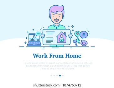 Work at home concept with thin line icons: online conference, freelancer, online education. Vector illustration.