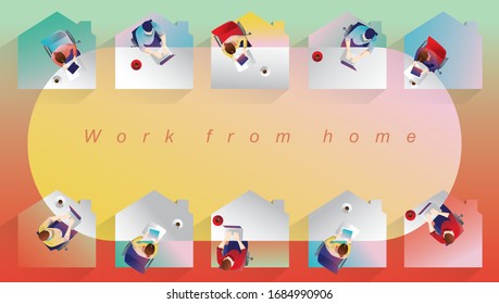 Work from home concept, Top view Young people, man and woman freelancers working on laptops at home. People at home remote work Sucess businessmen Staying workplace, home office, vector illustration