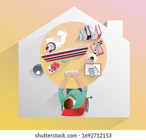 Work from home concept, top view, Young people, man freelancers working on computer at home. People at home in quarantine.Stay home vector illustration.Flat cartoon character