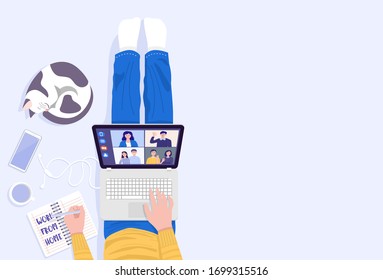 Work from home concept. Top view of young man sitting on floor and using laptop for Video Conferencing at home. Vector