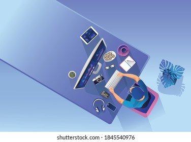 Work from home concept, Top view Young people, man and woman freelancers working on laptops at home. People at home remote work Sucess businessmen Staying workplace, home office, vector illustration 
