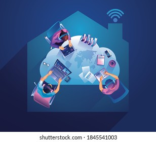 Work from home concept, Top view Young people, man and woman freelancers working on laptops at home. People at home remote work Sucess businessmen Staying workplace, home office, vector illustration 