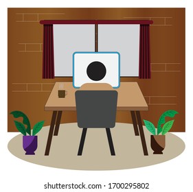 Work from home concept. Vector illustration of a person working in front of a laptop. Good for social media, workers etc.