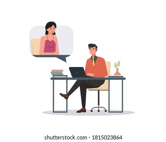 Ilustración de vectores de concepto de trabajo desde el hogar, diseño plano de trabajo remoto, autónomo masculino y femenino trabajando con portátil en el hogar, escuela desde el hogar, cuarentena