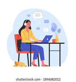 Work from home concept. Vector illustration in trendy flat style of a young pretty woman sitting on a red chair in her apartment and working on a laptop at the desk. Isolated on background 