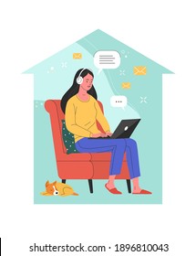 Work from home concept. Vector illustration of a young pretty woman sitting in a red armchair and working on a laptop inside the house silhouette. Isolated on background