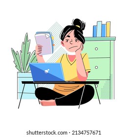 Work from home concept vector Illustration idea for landing page template, freelancer remote office workplace interior setup with desk, chair and computer, online job designer, Hand drawn Flat Style