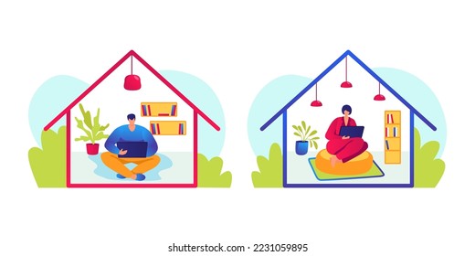 Work at home concept, vector illustration. People at cartoon house while coronavirus quarantine, online job at computer, laptop. Isolation workplace