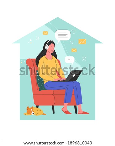 Work from home concept. Vector illustration of a young pretty woman sitting in a red armchair and working on a laptop inside the house silhouette. Isolated on background