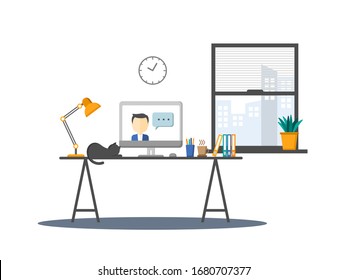 Work from home concept with video conference. Workspace at home with computer,books,cat,coffee cup,pens, pencils and lamp on desk with city view outside the window. Flat vector design of home office.