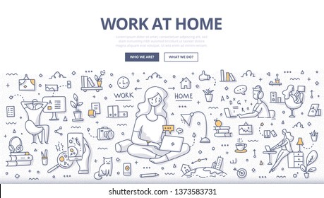 Work at home concept. Woman freelancer, sitting cross-legged, works for computer remotely from home. Home bases, part time job. Doodle illustration for web banners, hero images, printed maters