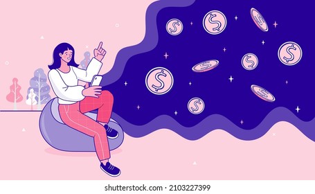 Work at home concept. Woman or girl lying and relaxing on a sofa with a smartphone earning money online. Passive income. Financial freedom. easy money and investor. Vector illustration.