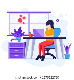 Work from home concept, A woman sitting at desk and work on laptop, stay at home, Quarantine during the Coronavirus Epidemic illustration