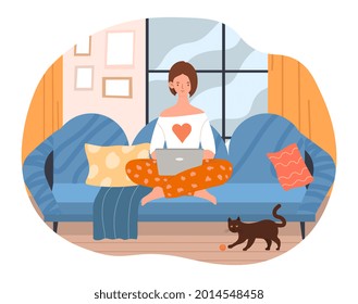 Work at home concept. Woman sitting on comfortable sofa and working on laptop. Remote work or freelance. Complete task on deadline. Cartoon flat vector illustration isolated on a white background