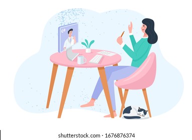 Work from home concept, a woman is using video chatting with her boss at home. Vector