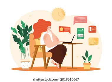 Work At Home Concept. Woman In Workplace Thinks About Her Plan For Day And Works On Laptop. Remote Work In Context Of Pandemic. Cartoon Hand Drawn Flat Vector Illustration Isolated On White Background