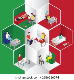 Work from home concept .Working at home,Young people, man and woman freelancers working on laptops and computers at home. People at home in quarantine.Italy Flag coronavirus