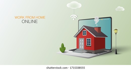 work from home concept. working online. Red home with laptop.