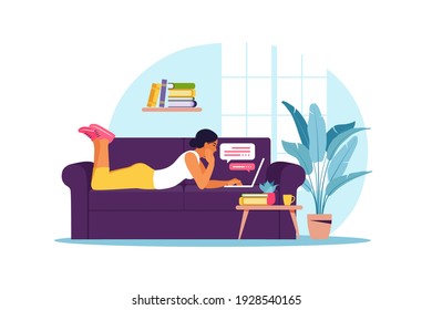 Work from home. Concept for working, studying, online education. Woman lies with laptop on sofa. Flat. Vector illustration.