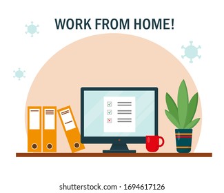 Work from home concept. Workplace with desk and computer. Home office, freelance or online working banner or background. Vector illustration.