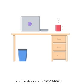 Work at home concept. Workplace with desk and computer. Home office,coffee mug,freelance or online working background. Vector illustration