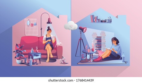 Work from home concept, Young Businesswoman and businessman, freelancers working on laptops computers at home. People working at home, Staying at home vector illustration. Flat Design character
