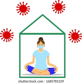 Work from home concept. Young girl doing yoga in mask. Social distancing during pandemia of coronavirus (COVID-19). Flat cartoon. Asian woman sitting on the floor in lotus position. Healthy lifestyle