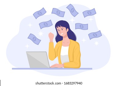 Work from home concept, A young happy woman making money on internet. Vector