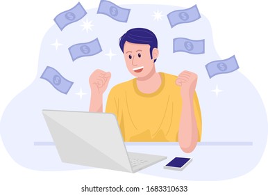 Work From Home Concept, A Young Happy Man Making Money On Internet. Vector