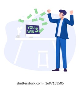 Work from home concept, A young happy man making money on internet. Vector