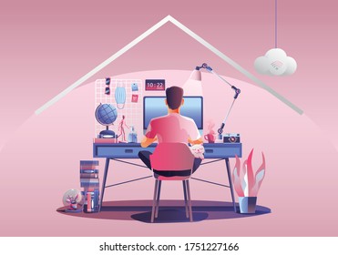 Work from home concept, Young man freelancers working on computer at home. People at home in quarantine. Pink background Back view, Staying at home vector illustration. Flat Design character