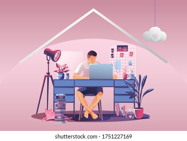 Work from home concept, Young man freelancers working on laptops at home. People at home in quarantine. Pink background front view, Staying at home vector illustration. Flat Design character